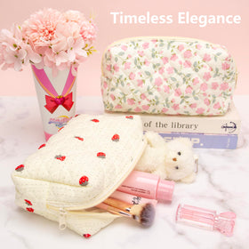 PAZIMIIK Small Quilted Makeup Bag displayed on a vanity