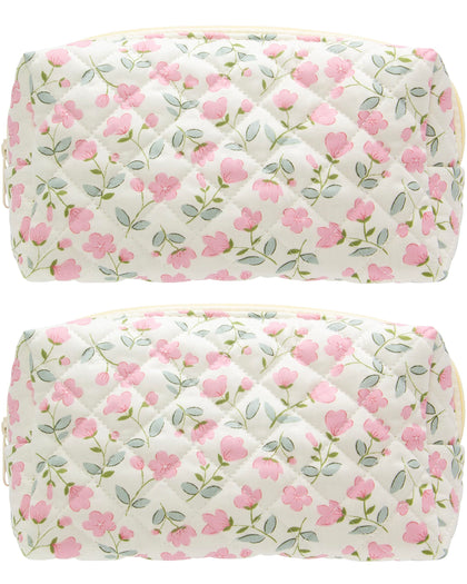PAZIMIIK Small Quilted Makeup Bag Floral Pink front view