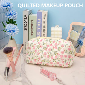 PAZIMIIK small quilted makeup bag floral pink open with cosmetics