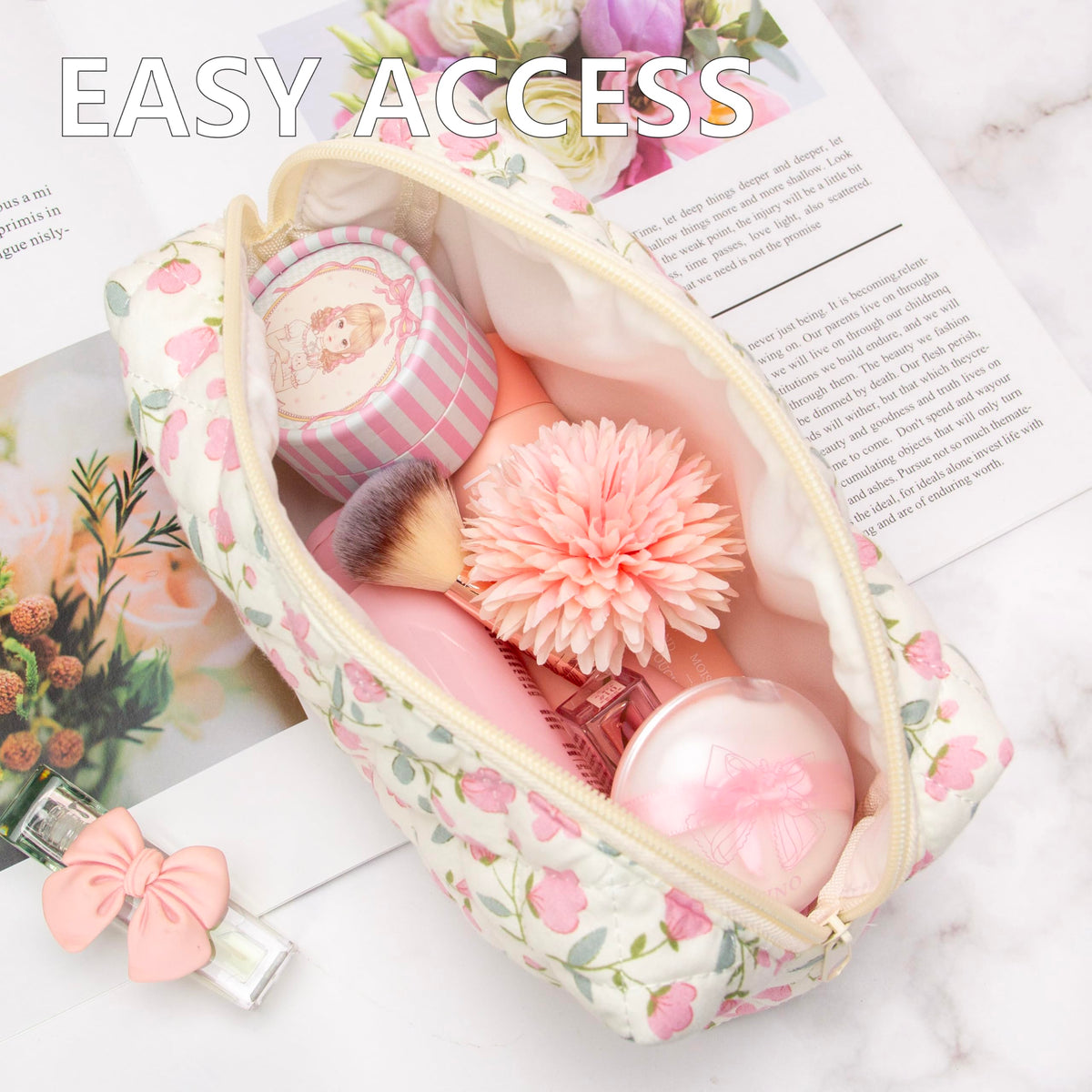 PAZIMIIK Small Quilted Makeup Bag Floral Pink side view