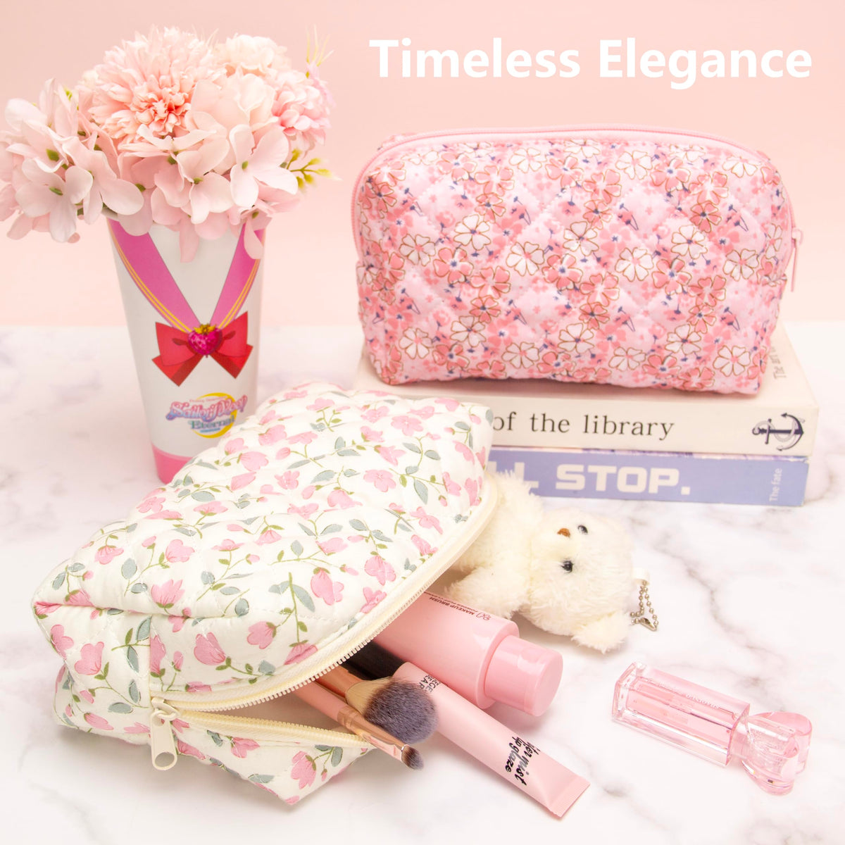 PAZIMIIK Small Quilted Makeup Bag Floral Pink with cosmetics