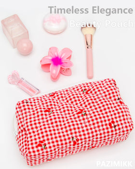PAZIMIIK Small Quilted Makeup Bag in a travel setting with toiletries