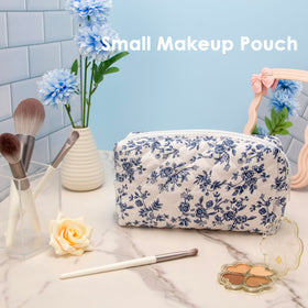 PAZIMIIK Small Quilted Makeup Bag Jouy Blue with cosmetics