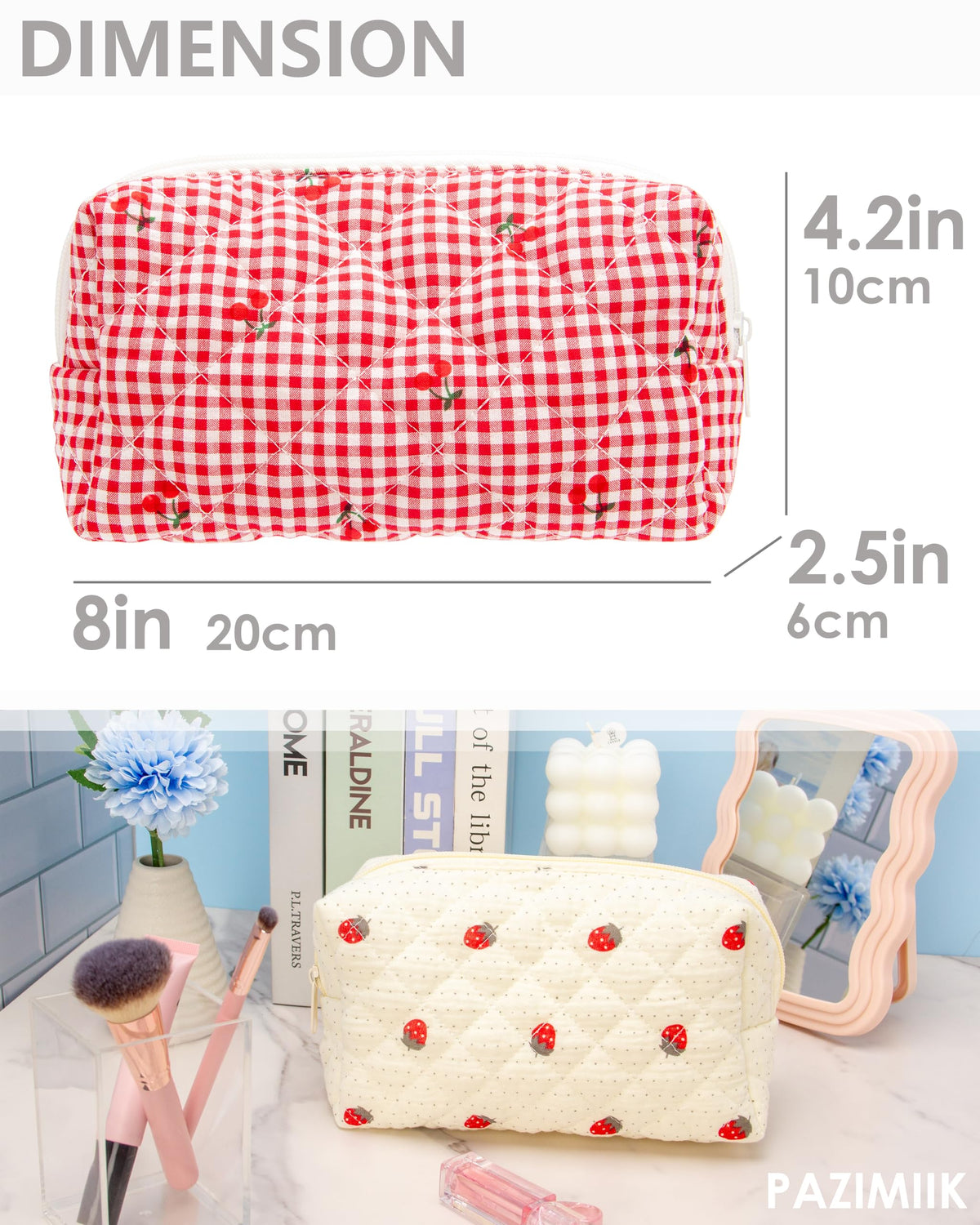 PAZIMIIK Small Quilted Makeup Bag lifestyle shot with handbag
