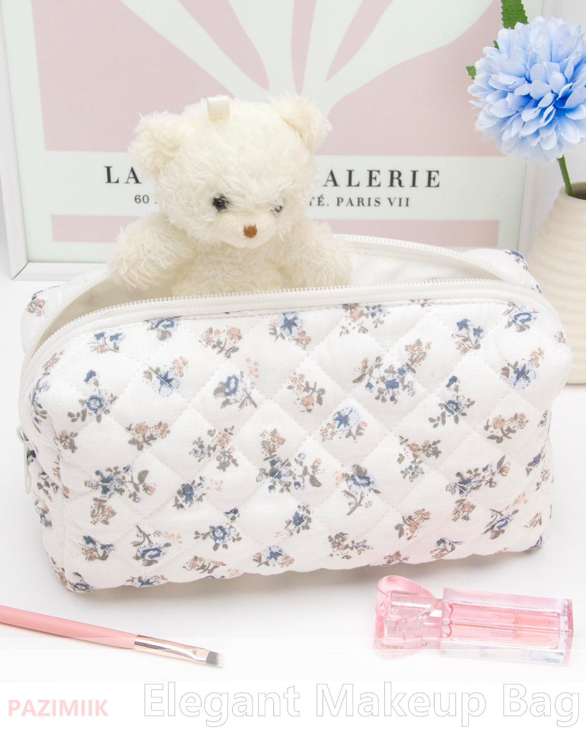 PAZIMIIK Small Quilted Makeup Bag open showing organized compartments