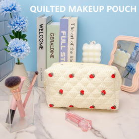 PAZIMIIK Small Quilted Makeup Bag open with cosmetics inside