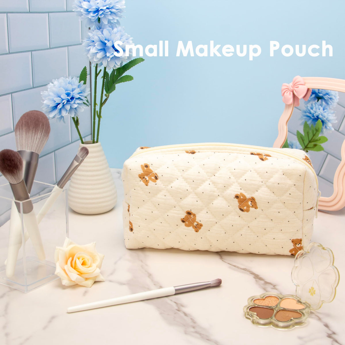 PAZIMIIK Small Quilted Makeup Bag open with makeup items inside