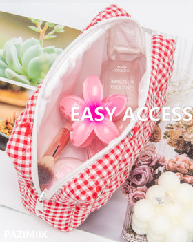 PAZIMIIK Small Quilted Makeup Bag open with organized makeup products