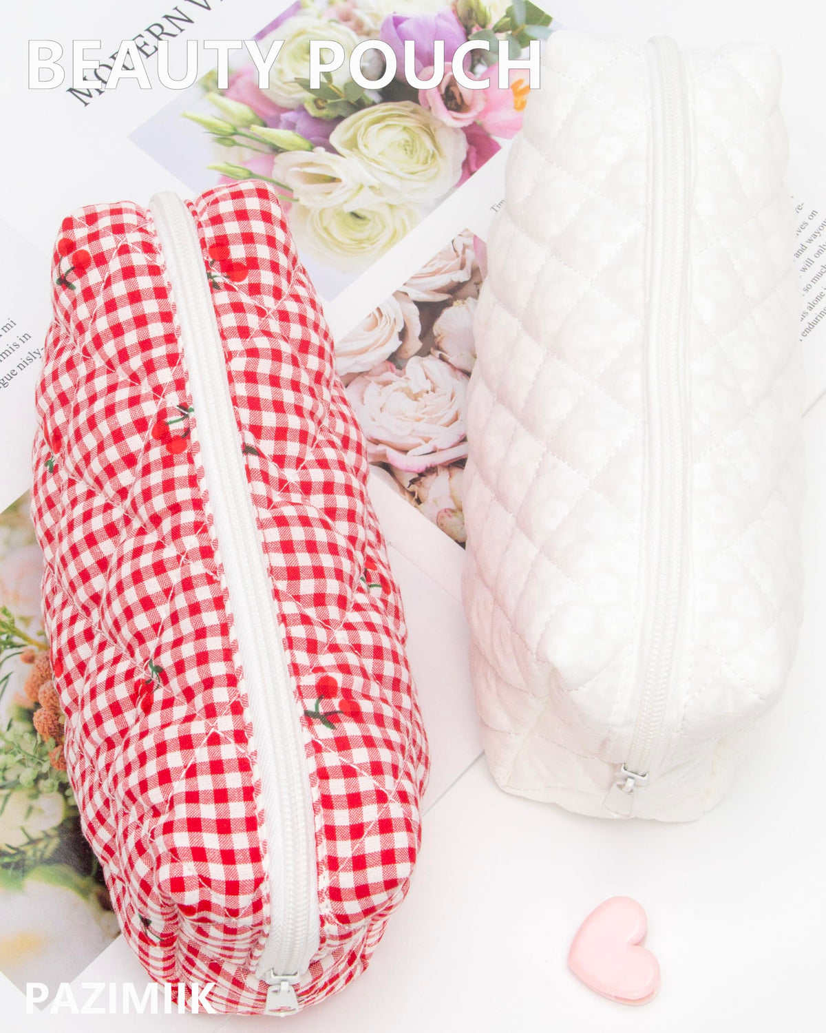PAZIMIIK Small Quilted Makeup Bag packed with brushes and lipsticks