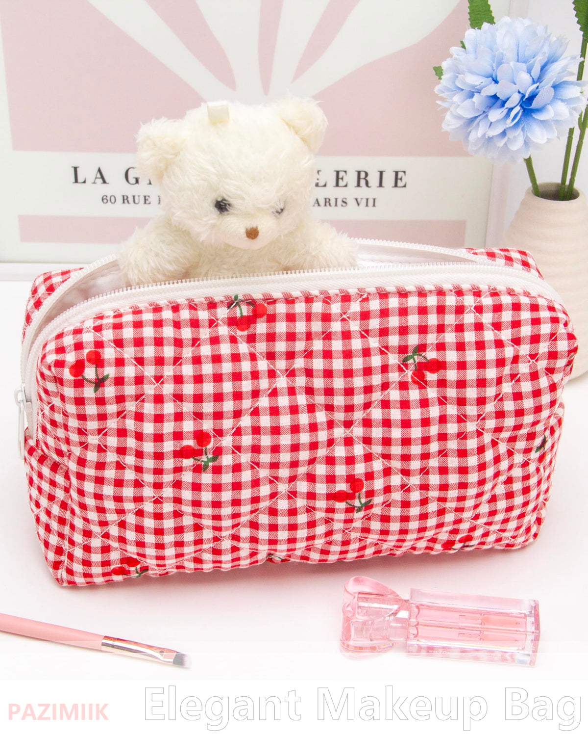 PAZIMIIK Small Quilted Makeup Bag side view showing zipper closure