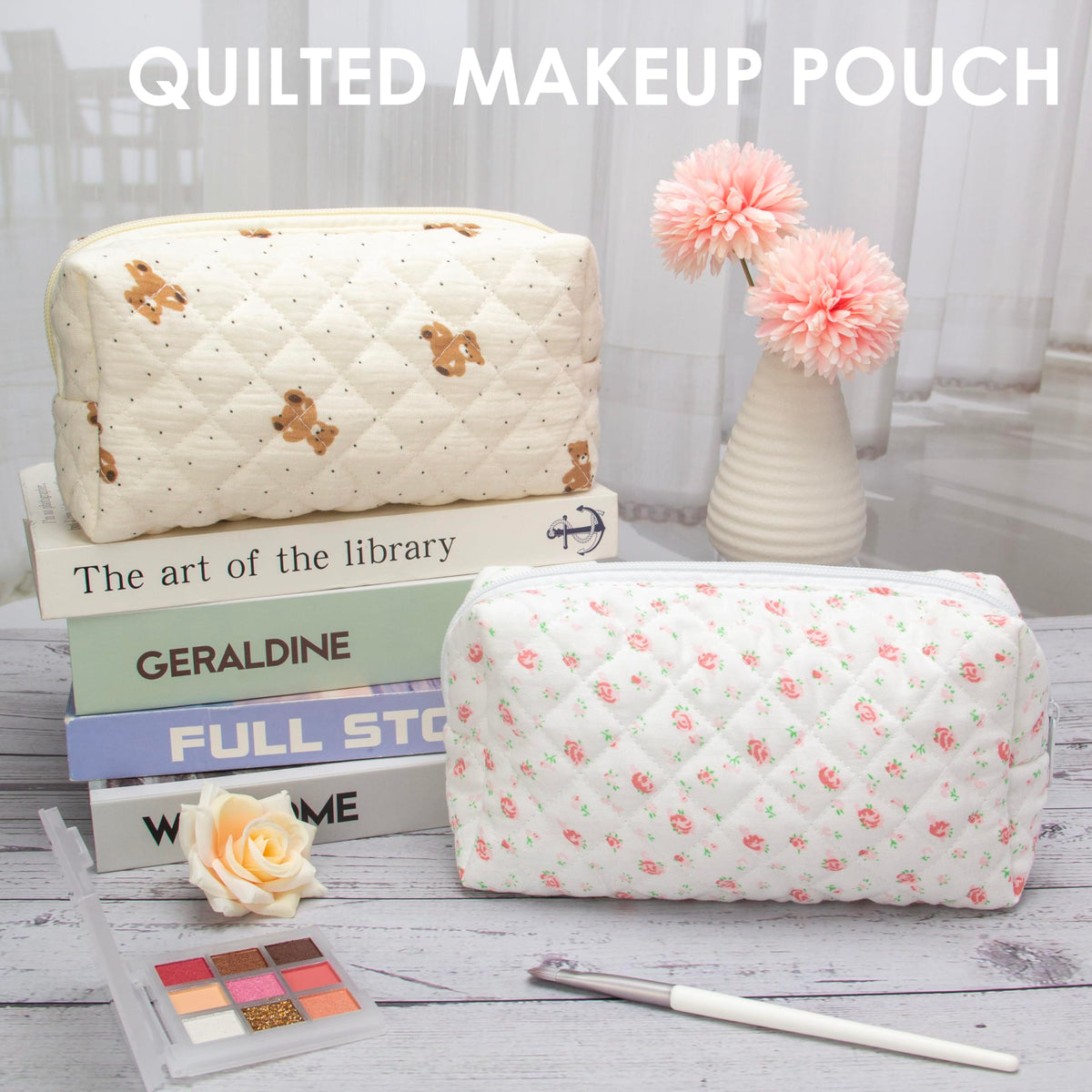 PAZIMIIK Small Quilted Makeup Bag with open zipper showing contents