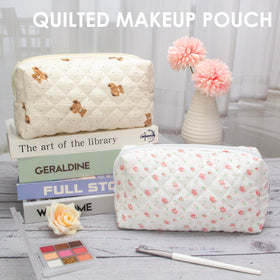 PAZIMIIK Small Quilted Makeup Bag with open zipper showing contents
