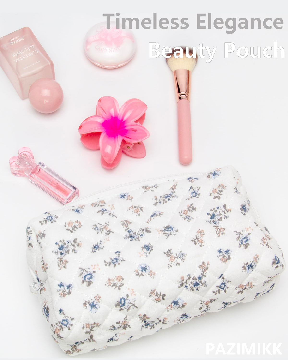 PAZIMIIK Small Quilted Makeup Bag with toiletries and makeup inside