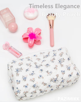 PAZIMIIK Small Quilted Makeup Bag with toiletries and makeup inside