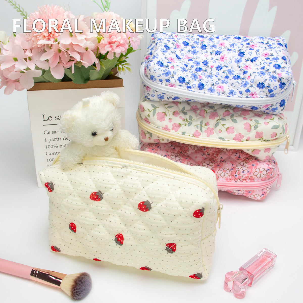 PAZIMIIK Small Quilted Makeup Bag with various beauty products