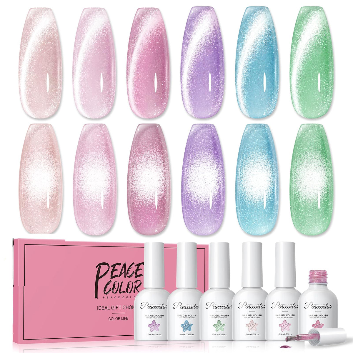 PEACECOLOR Cat Eye Gel Nail Polish Set with 6 colours displayed