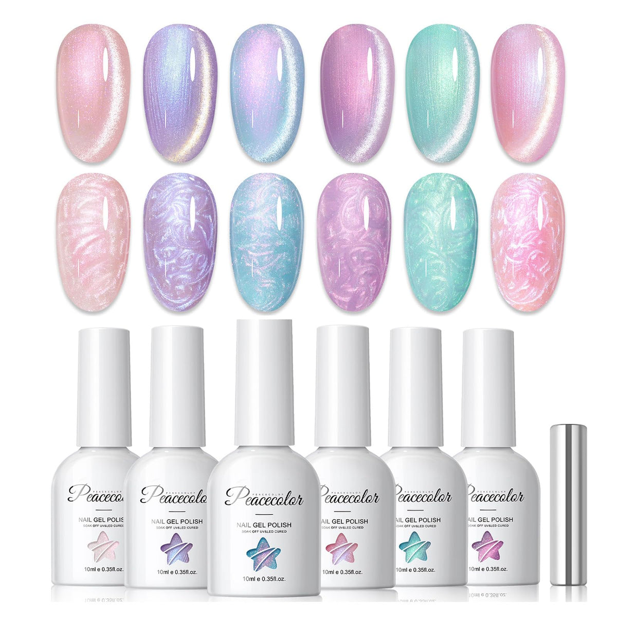 PEACECOLOR Cat Eye Gel Nail Polish Set with 6 colours, front view