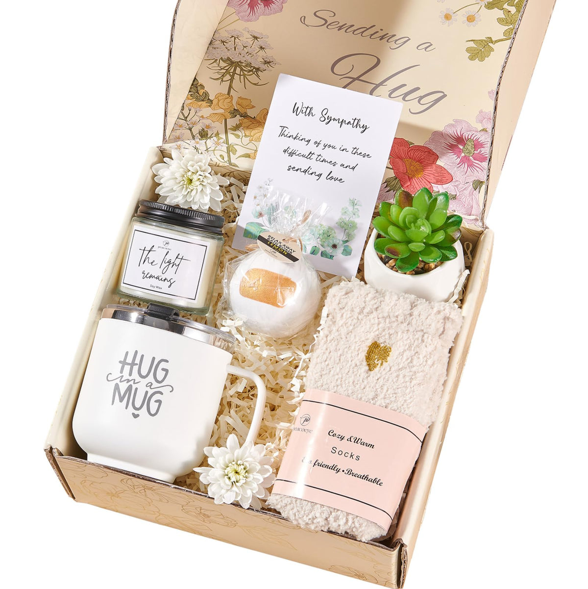 Peacoeye Sympathy Gift Basket with hug mug and candle