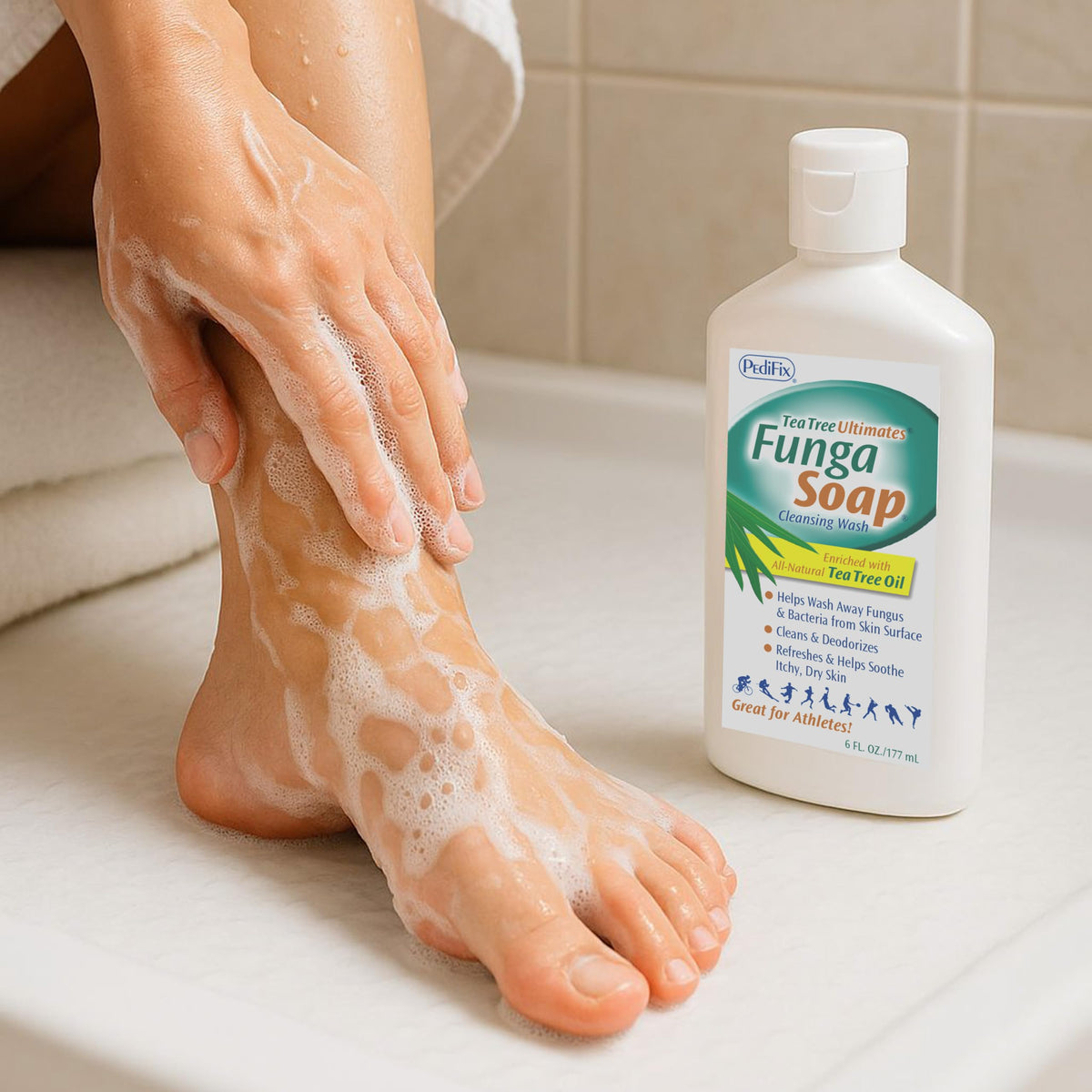 Pedifix FungaSoap Liquid in a shower setting