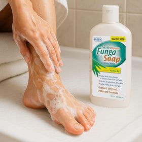 Pedifix FungaSoap Tea Tree wash on a bathroom shelf