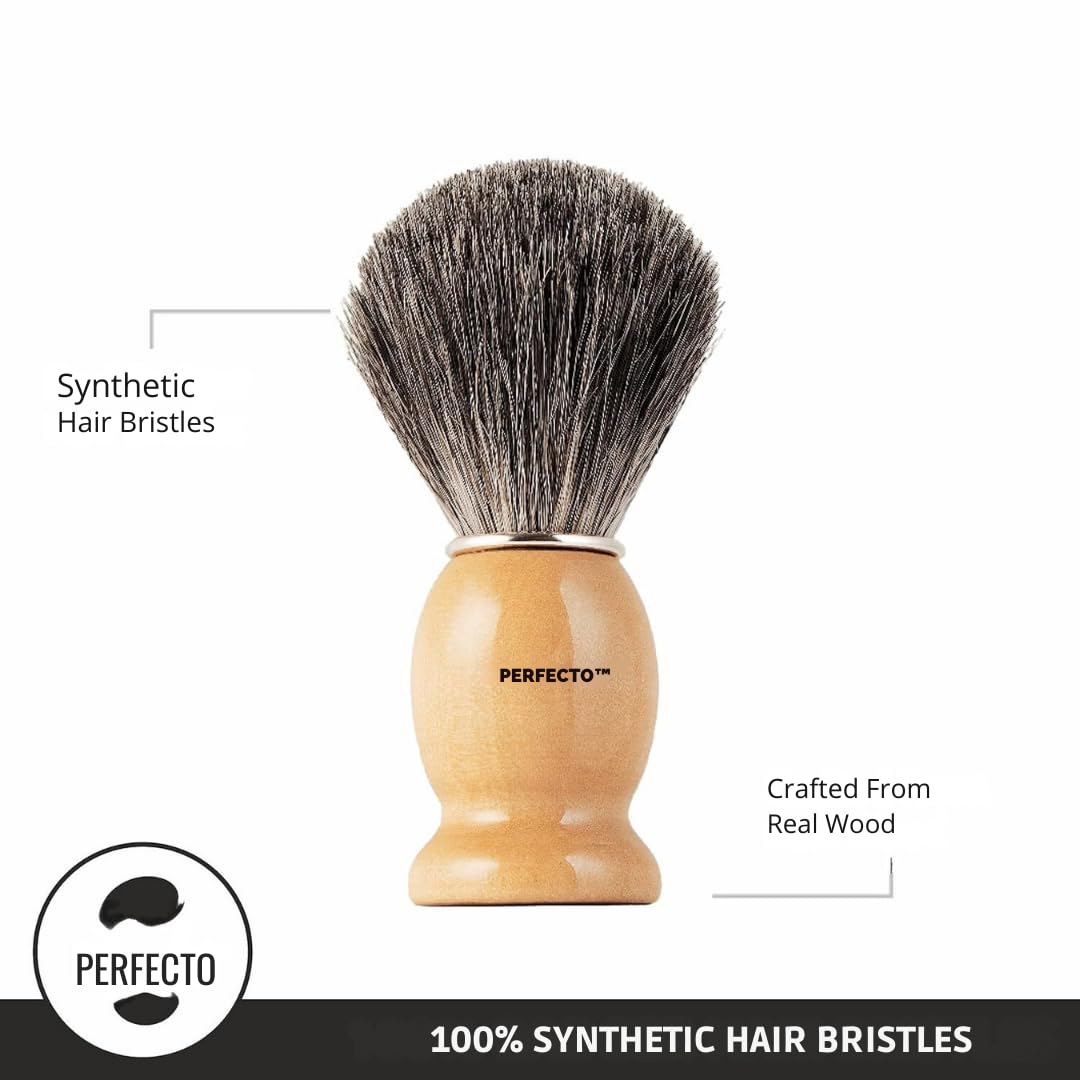 Perfecto Shaving Brush on a bathroom counter with grooming tools