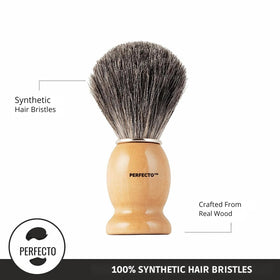 Perfecto Shaving Brush on a bathroom counter with grooming tools