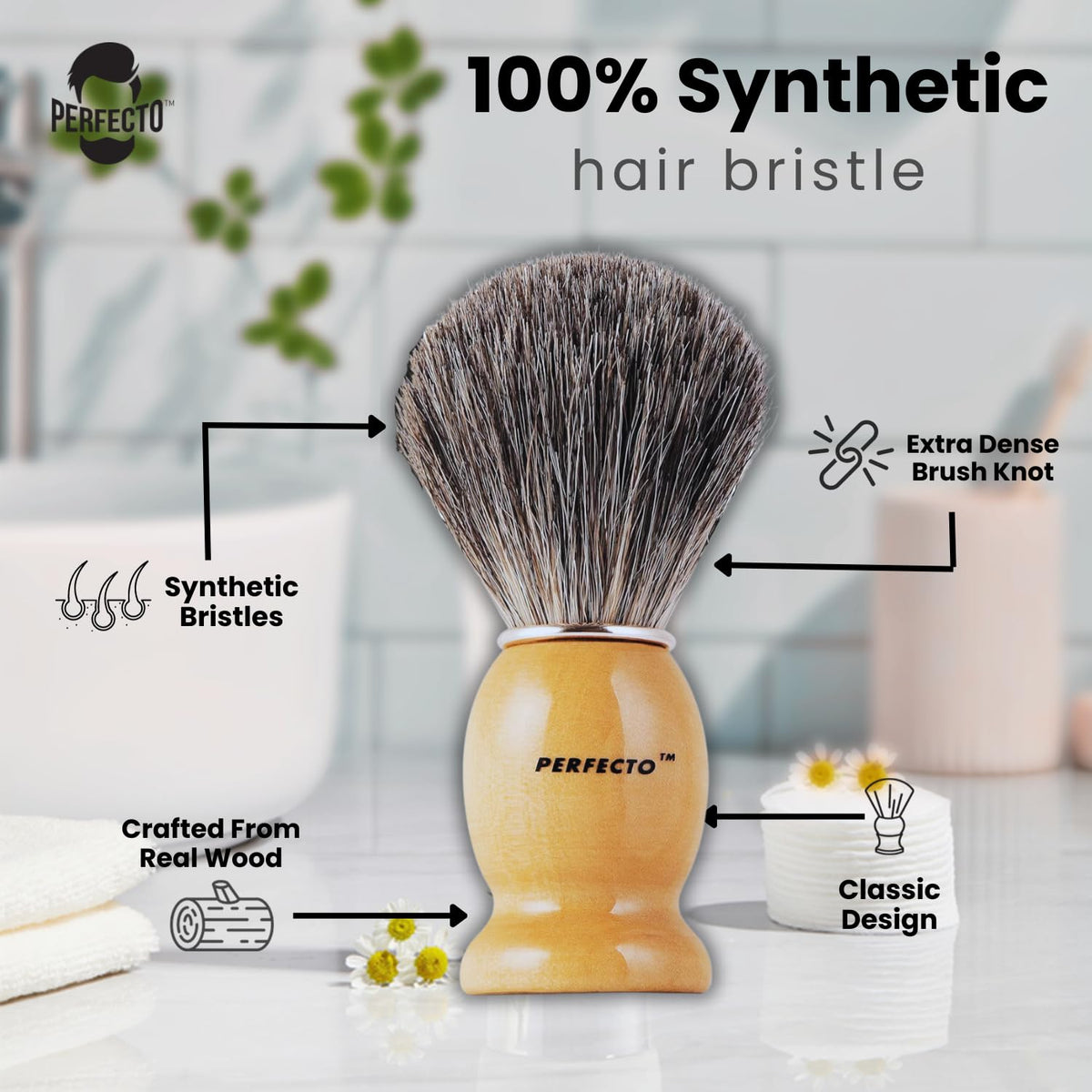 Perfecto Synthetic Shaving Brush displayed with Perfecto Deluxe Chrome Stand