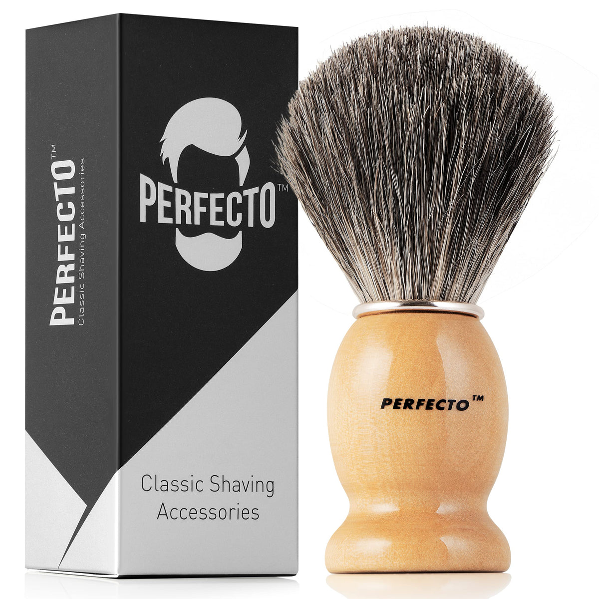 Perfecto Synthetic Shaving Brush front view with wooden handle