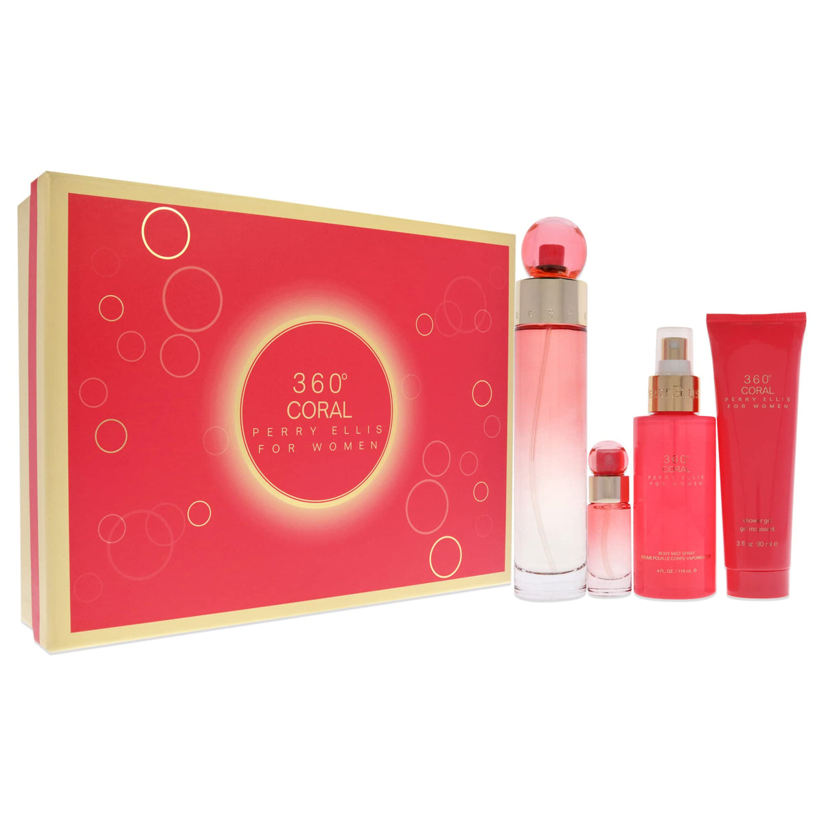 Perry Ellis 360 Coral Women's Fragrance Gift Set displayed with accessories
