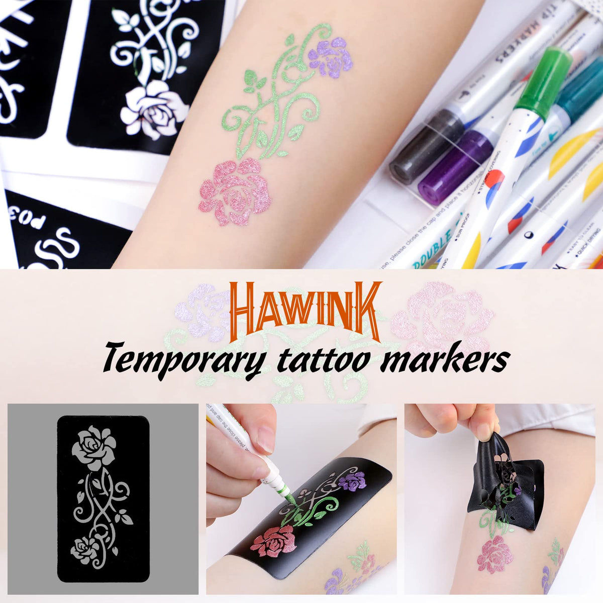 Person applying a temporary tattoo using HAWINK markers