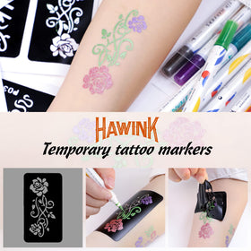 Person applying a temporary tattoo using HAWINK markers