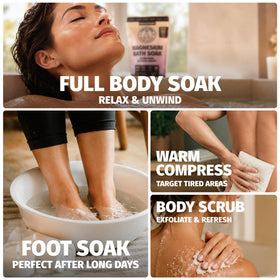 Person relaxing in a bath with Coach Soak Magnesium Bath Salts