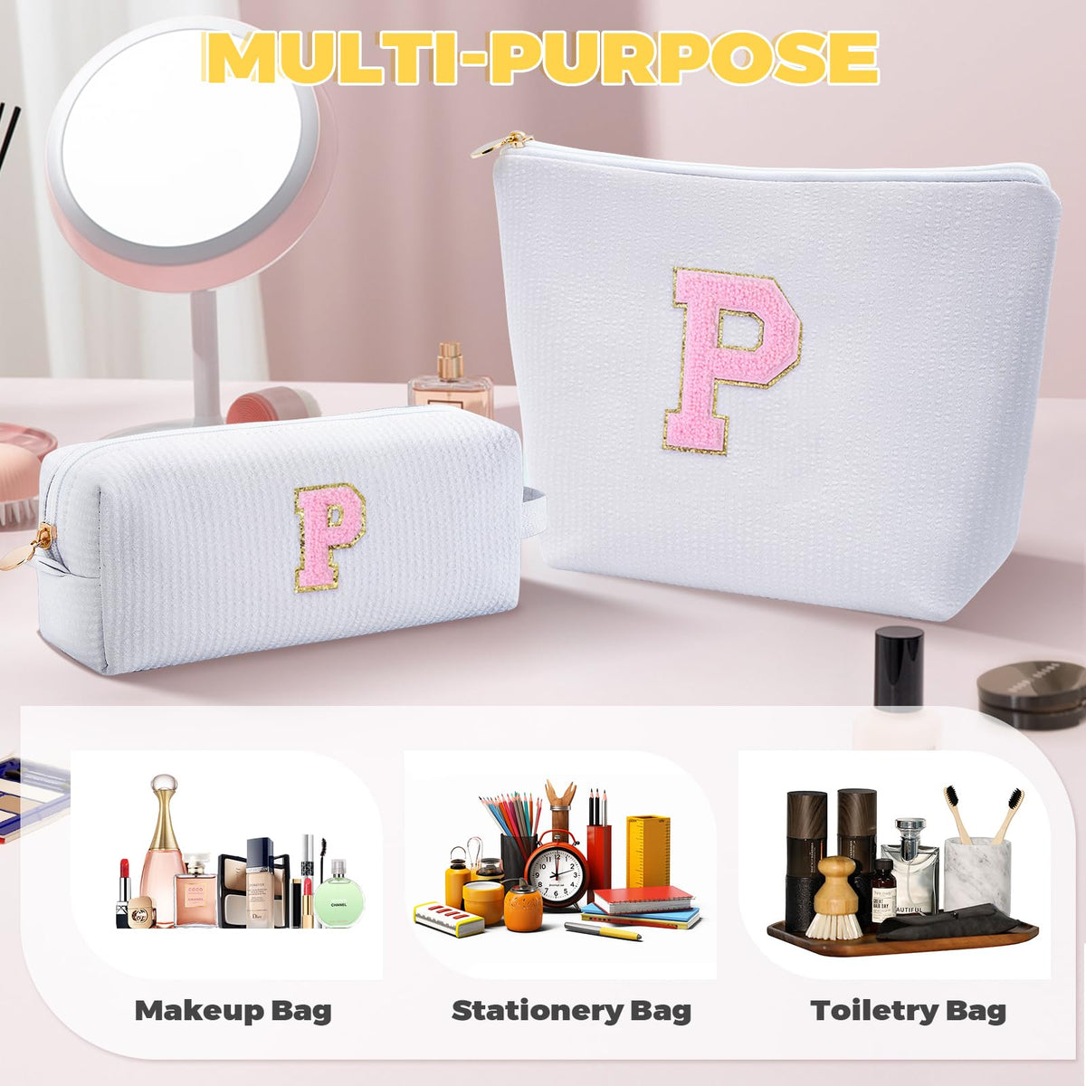 Personalized initials on the makeup bag