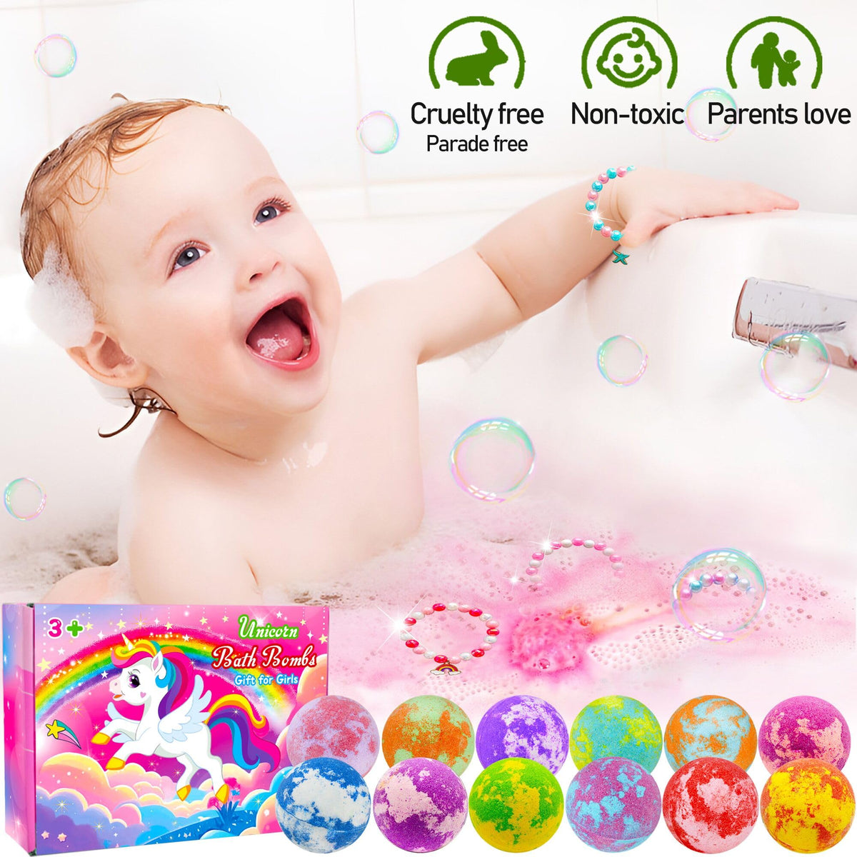 Phaorui Unicorn Bath Bombs packaging and product details