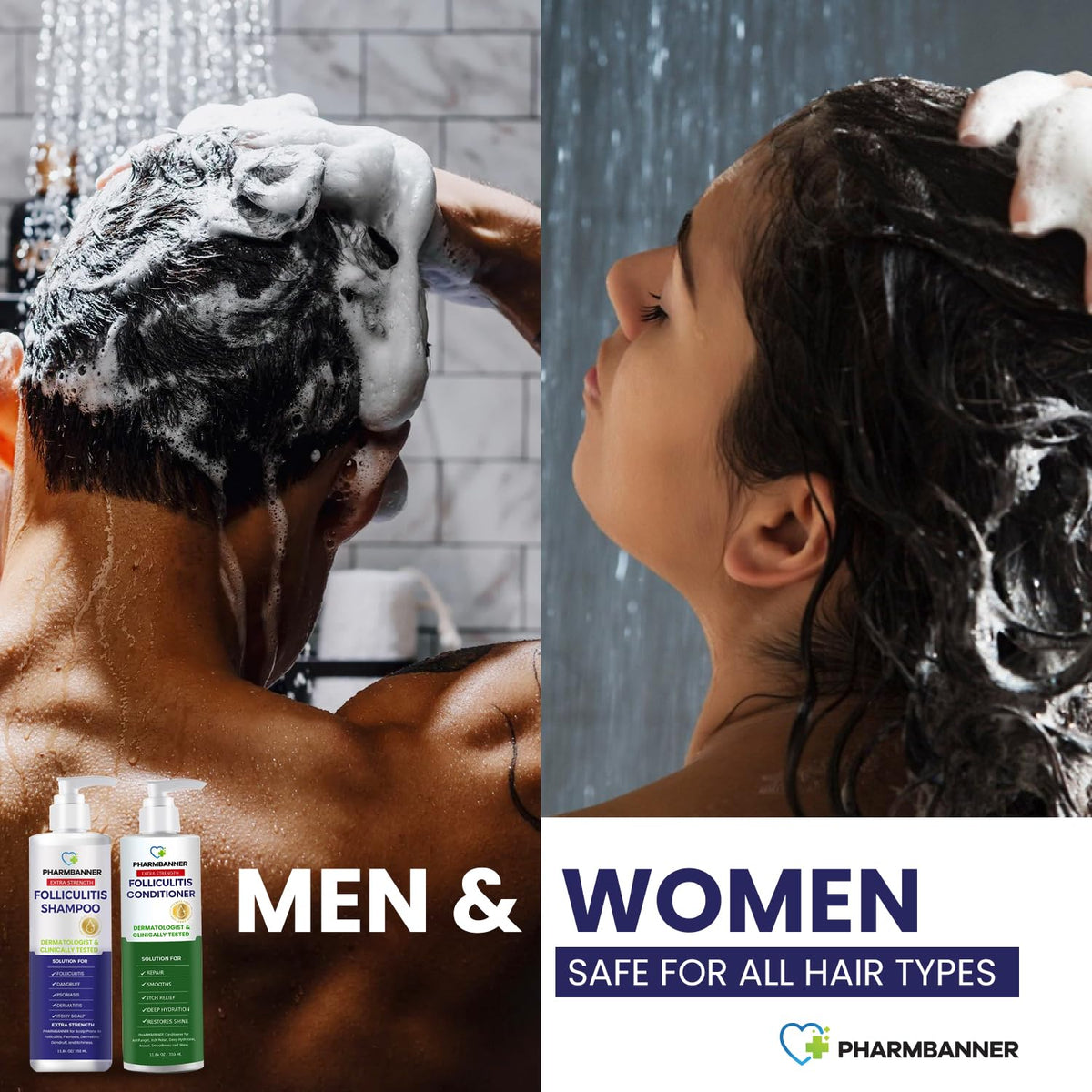 PHARMBANNER Dandruff Shampoo and Conditioner Set on a bathroom shelf