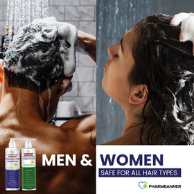 PHARMBANNER Dandruff Shampoo and Conditioner Set on a bathroom shelf