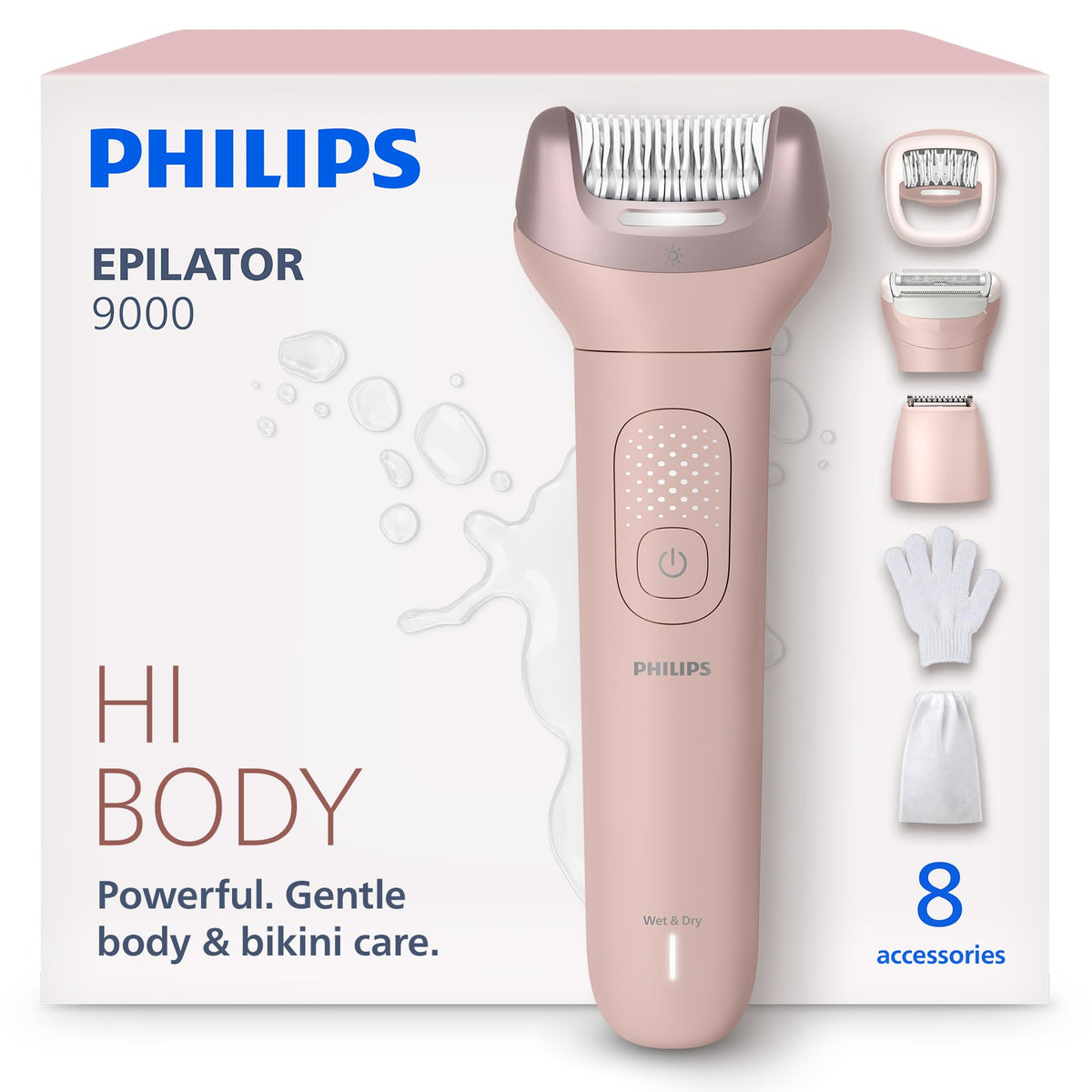 PHILIPS Epilator Series 9000 front view with accessories