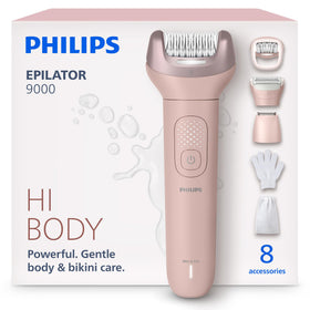 PHILIPS Epilator Series 9000 front view with accessories