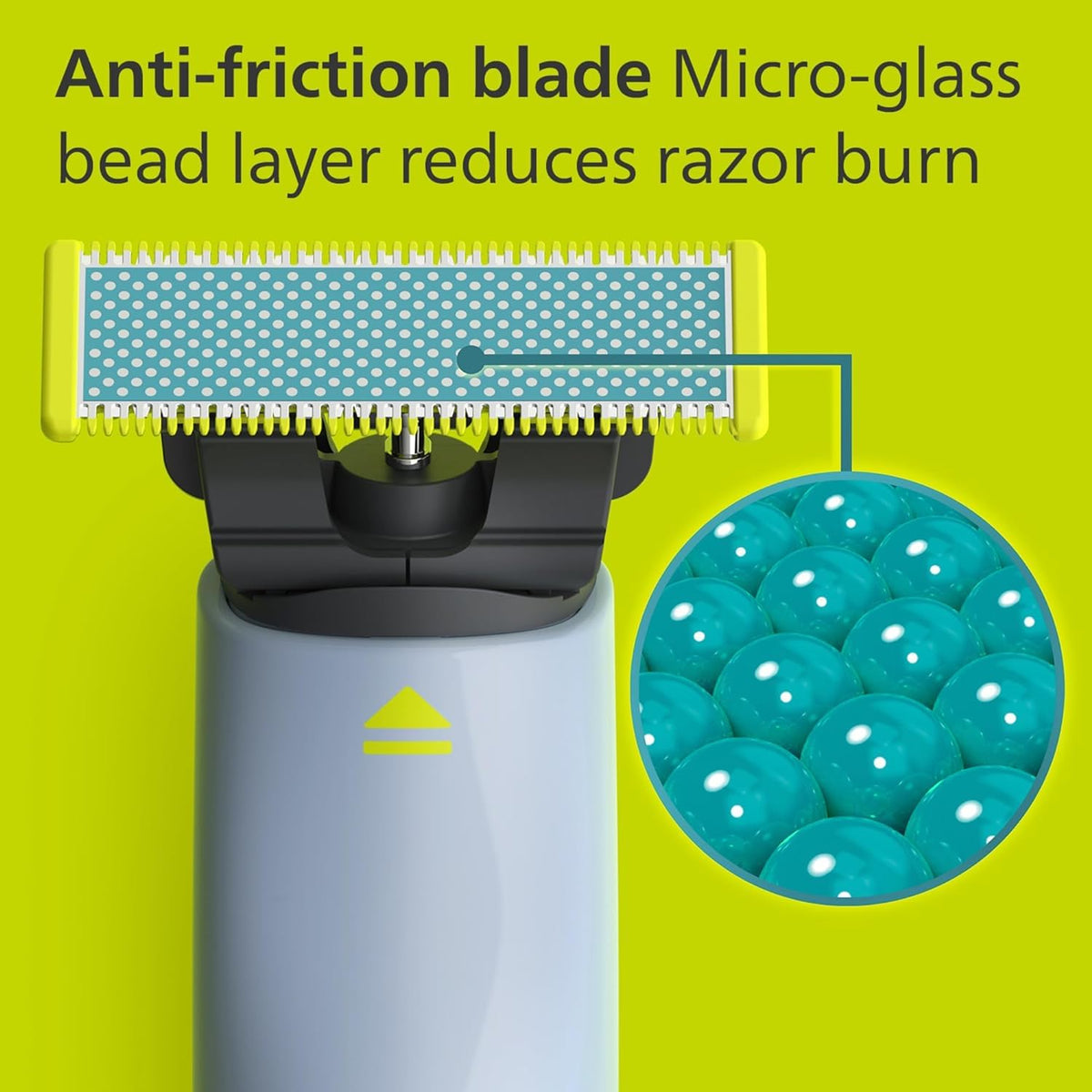 PHILIPS OneBlade First Shave showing anti-friction blade close-up