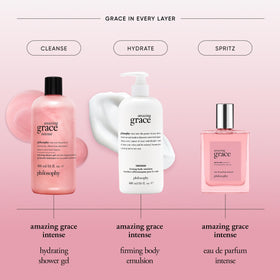 philosophy Amazing Grace Intense Body Emulsion in a lifestyle setting on a bathroom counter
