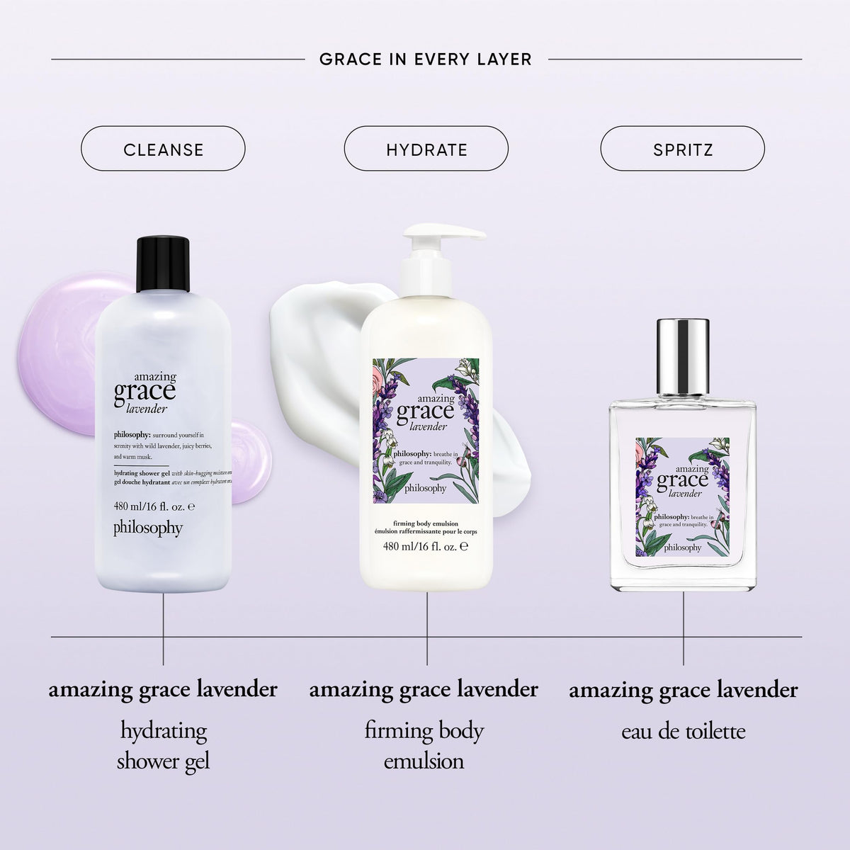 philosophy Amazing Grace Lavender Firming Body Emulsion with lavender and berry background