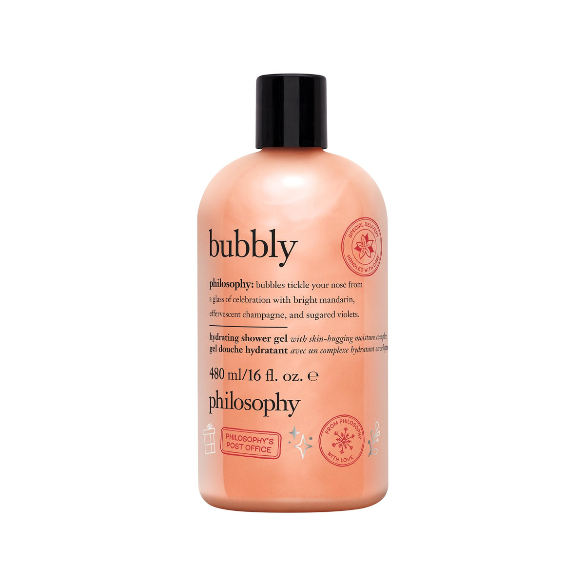 philosophy Holiday Bubbly Shower Gel 16 fl oz front view with festive packaging