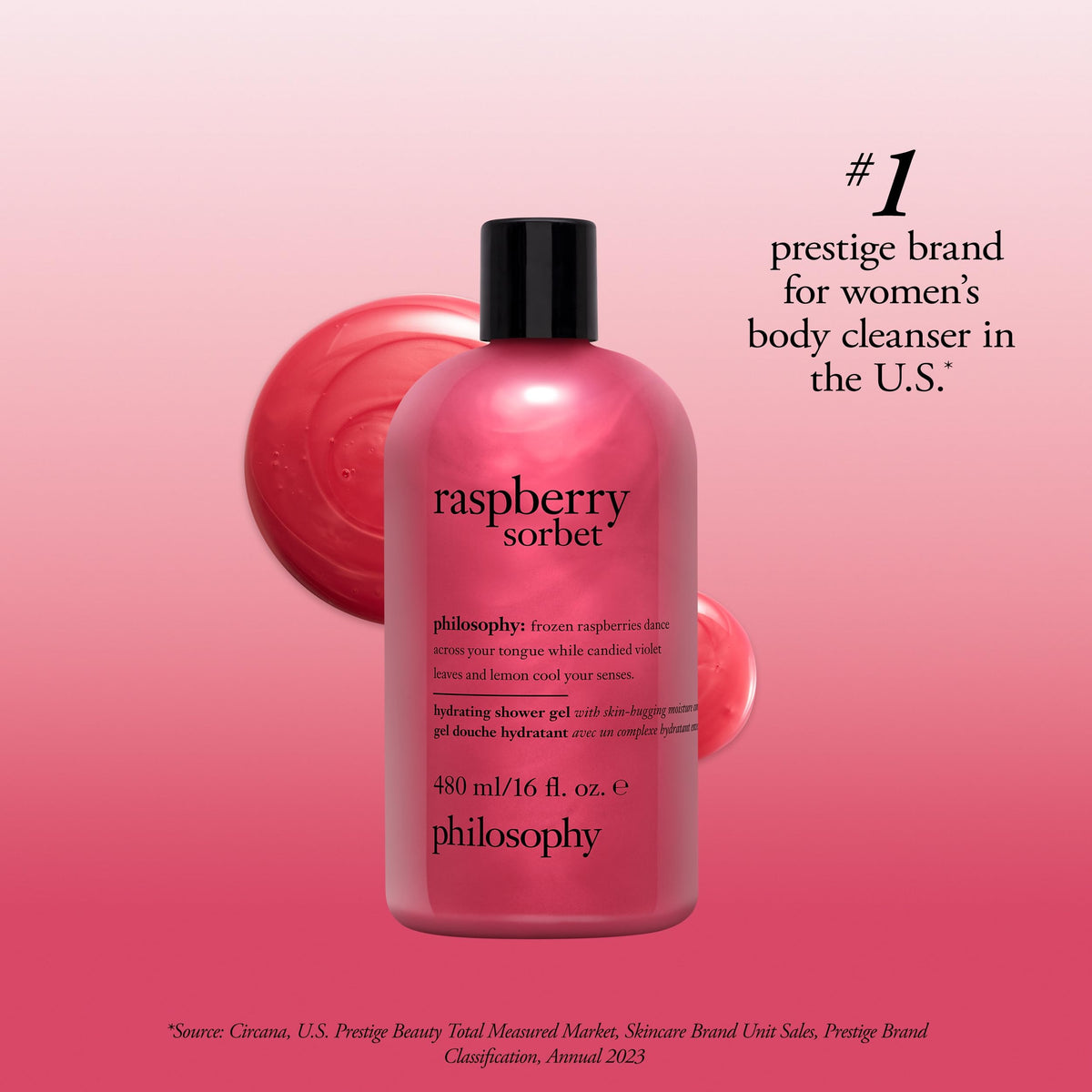 philosophy Raspberry Sorbet Shower Gel with fresh raspberries