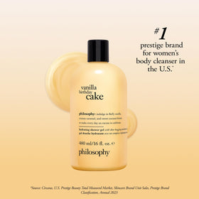 philosophy Vanilla Birthday Cake Shower Gel displayed with vanilla cake and sprinkles