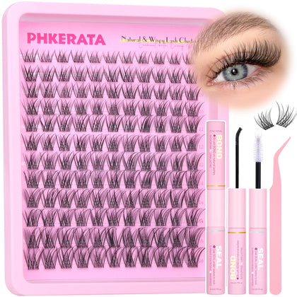 PHKERATA Natural Lash Clusters Kit 132Pcs with clear band