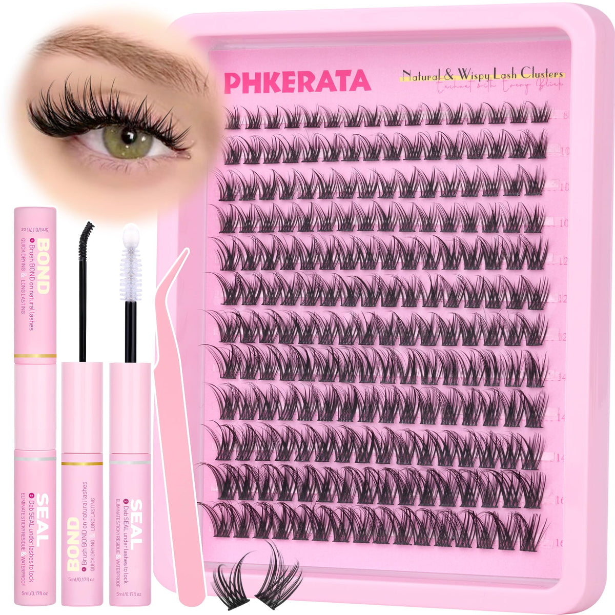 PHKERATA Wispy Lash Clusters Kit 192pcs with lash glue and tweezers
