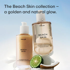 PHLUR Beach Skin Shimmering Body Oil 4 Oz with a hand applying the oil