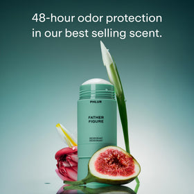PHLUR Father Figure Natural Deodorant side view, showing packaging