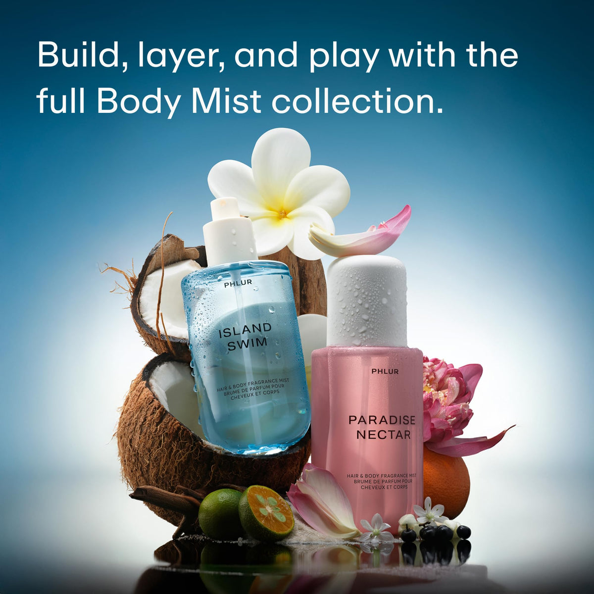 PHLUR Island Swim Body Mist 3 Fl Oz with tropical background
