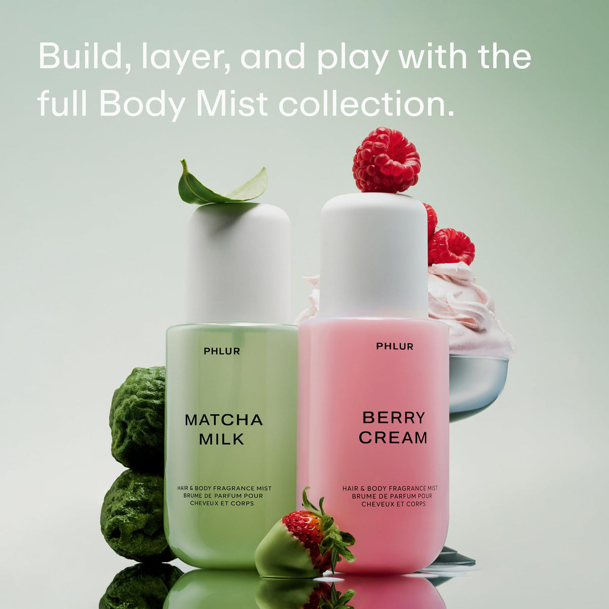 PHLUR Matcha Milk Body Mist with a soft fabric background